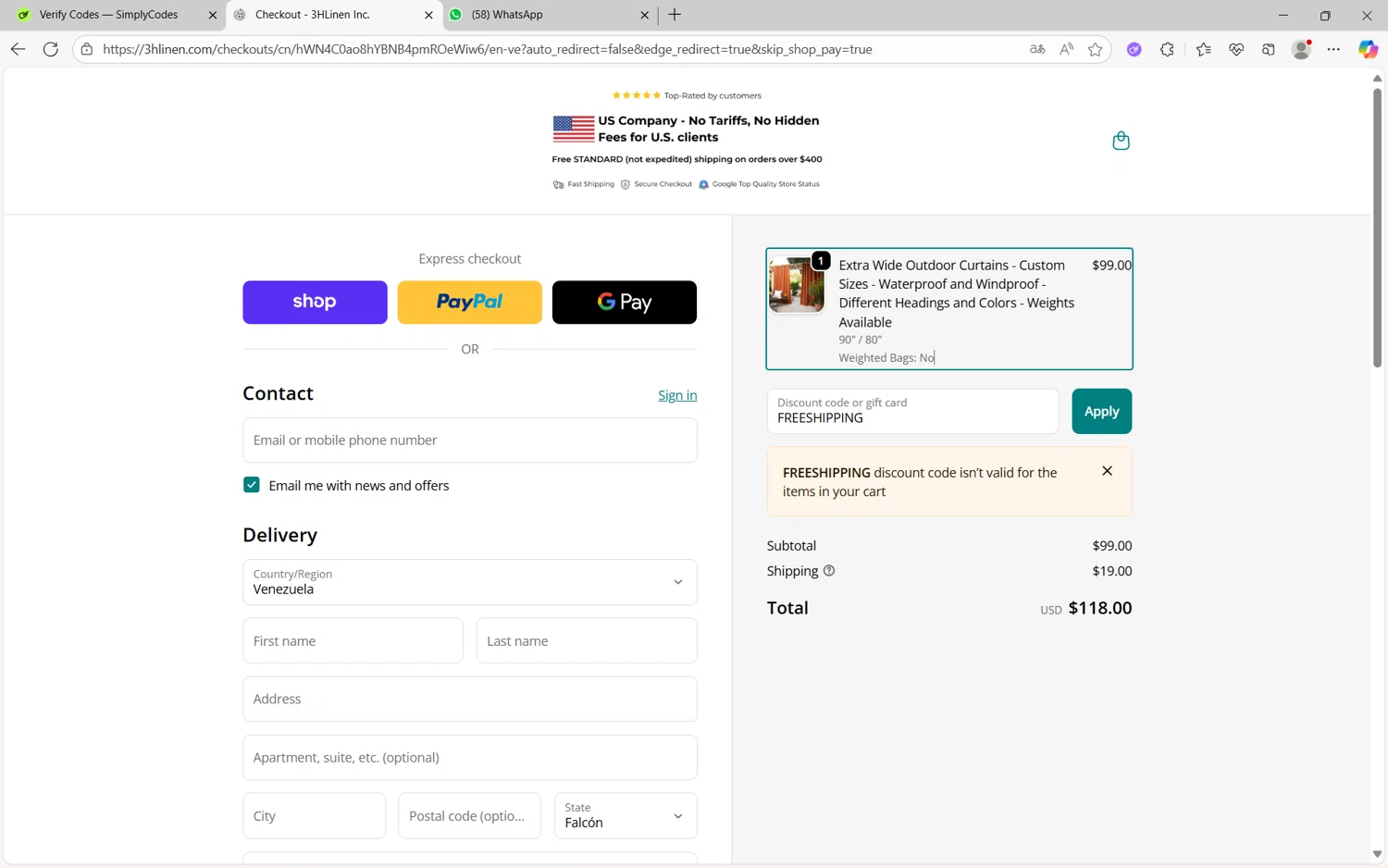 3HLinen discount code screenshot showing code FREESHIPPING applied at 3HLinen checkout page. Uploaded by SimplyCodes community member juanx1702 on Oct 16, 2025