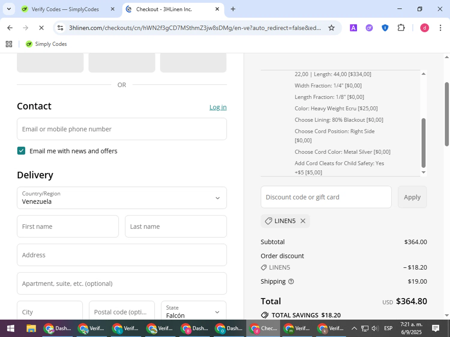 3HLinen discount code screenshot showing code LINEN5 applied at 3HLinen checkout page. Uploaded by SimplyCodes community member BudgetVoyager5452 on Sep 6, 2025