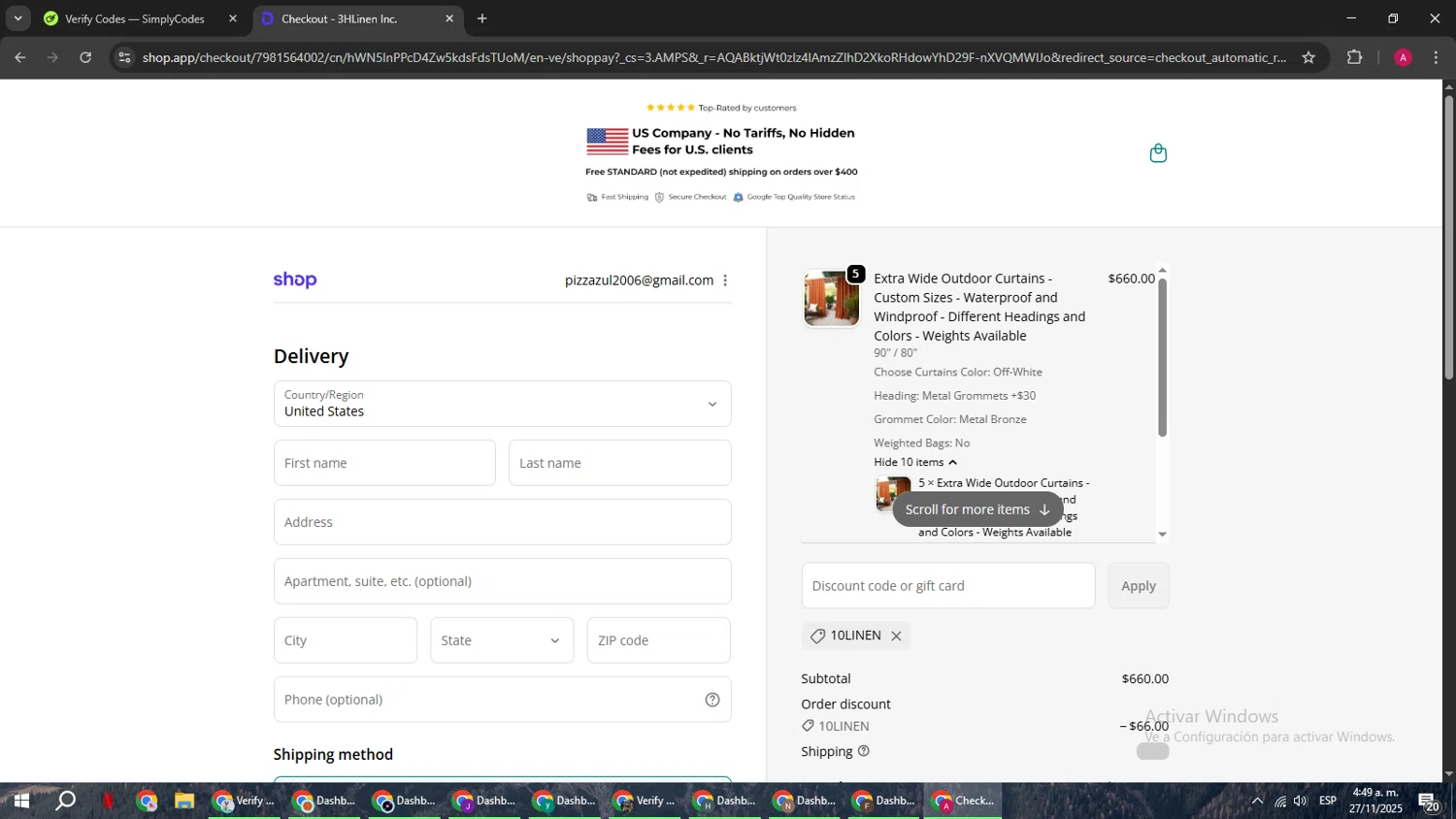 3HLinen discount code screenshot showing code 10LINEN applied at 3HLinen checkout page. Uploaded by SimplyCodes community member BMWGS1200 on Nov 27, 2025