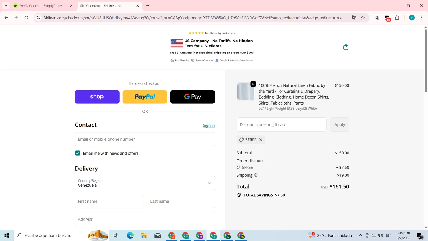 3HLinen discount code screenshot showing code 5free applied at 3HLinen checkout page. Uploaded by SimplyCodes community member lyffytaro on Feb 7, 2026
