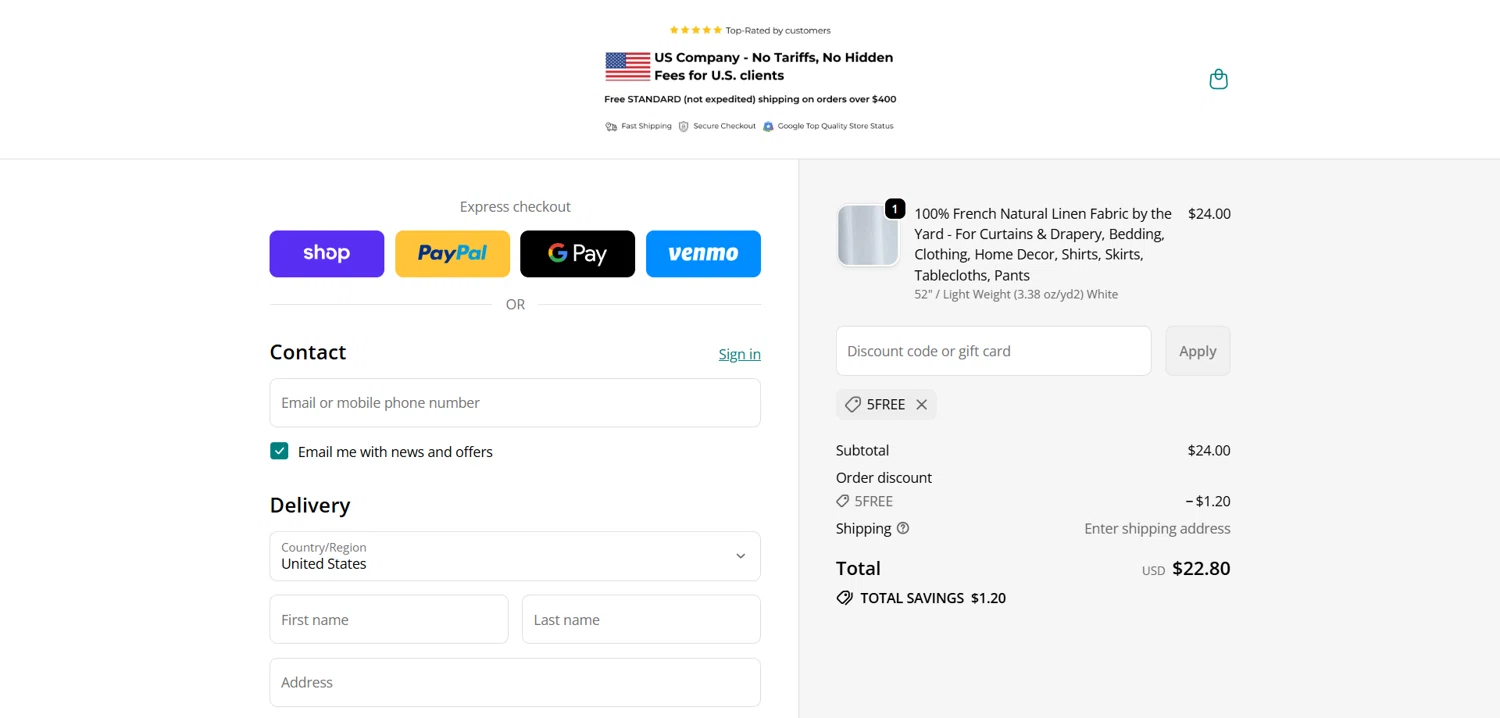 3HLinen discount code screenshot showing code 5free applied at 3HLinen checkout page. Uploaded by SimplyCodes community member Dorothy on Oct 8, 2025