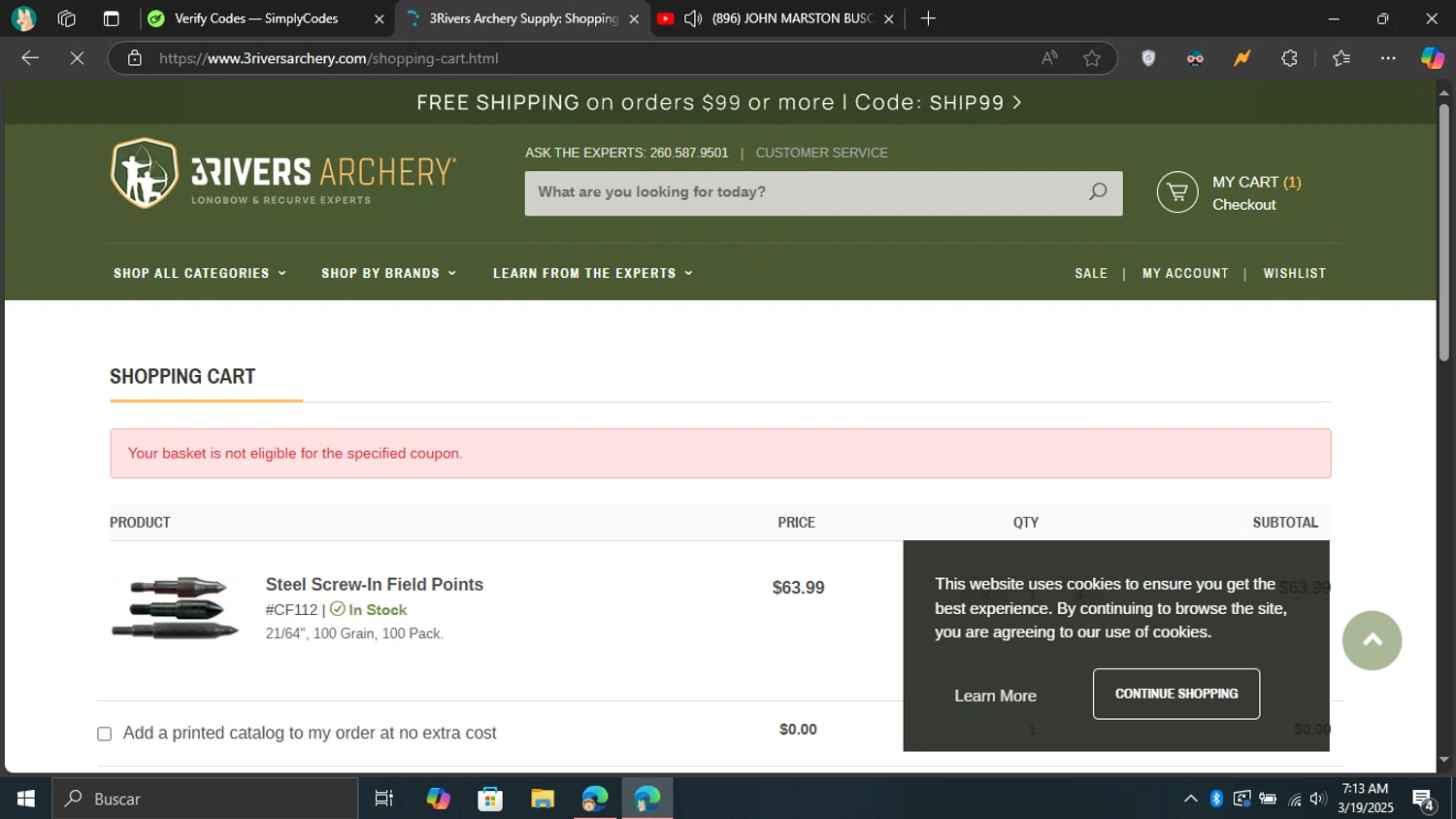 3Rivers Archery promo code screenshot showing code TEXGREBNER applied at 3Rivers Archery checkout page. Uploaded by SimplyCodes community member Don_Quixote on Mar 19, 2025