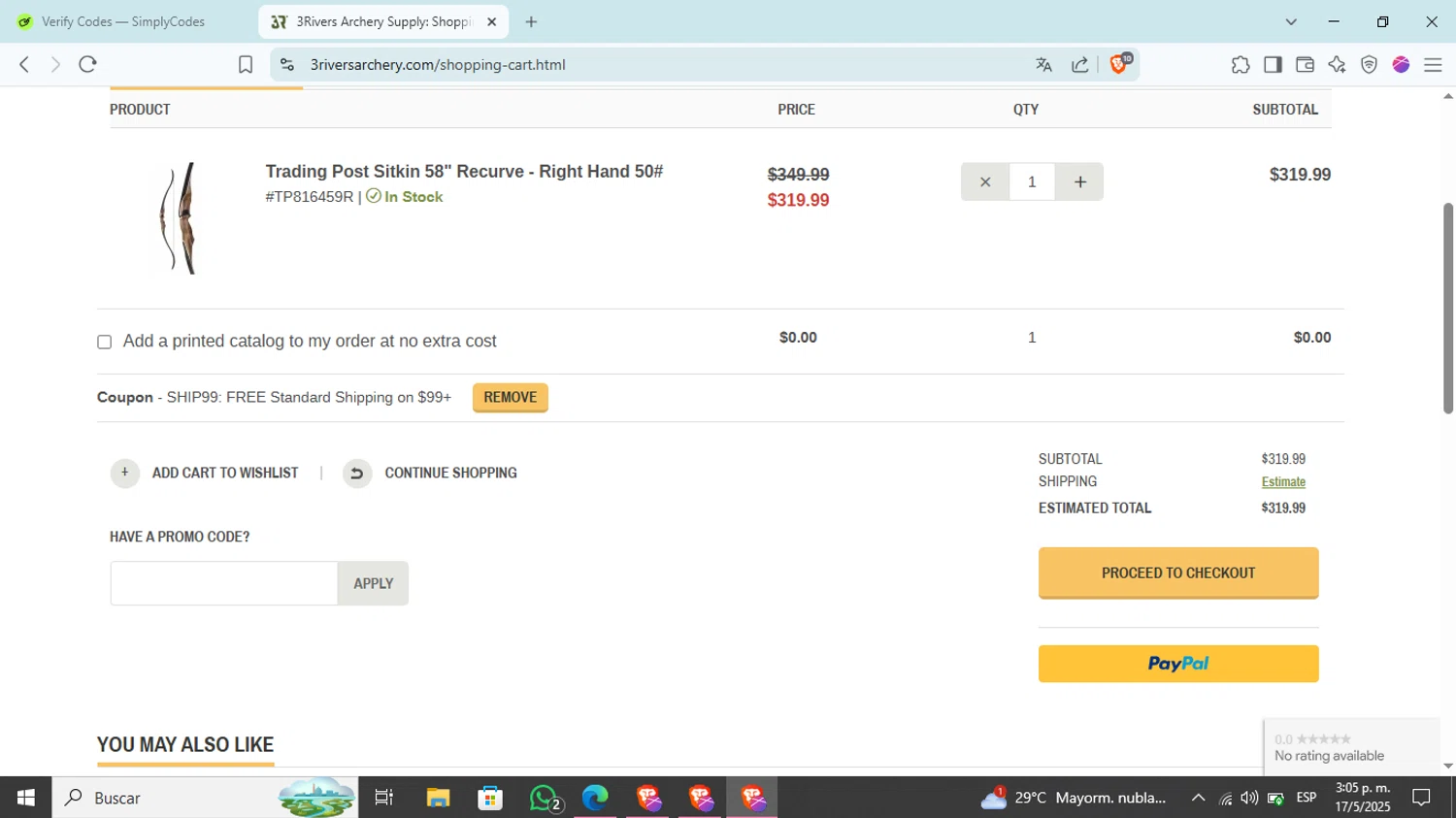 3Rivers Archery promo code screenshot showing code SHIP99 applied at 3Rivers Archery checkout page. Uploaded by SimplyCodes community member Kim_michi on May 17, 2025