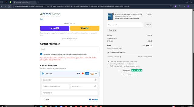 3 Step Divorce checkout page showing 3 Step Divorce discount code box | Screenshot taken by SimplyCodes community member on Jun 20, 2025