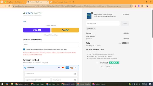 3 Step Divorce checkout page showing 3 Step Divorce discount code box | Screenshot taken by SimplyCodes community member on Jun 6, 2025