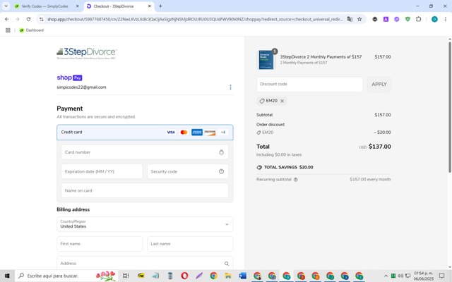 3 Step Divorce checkout page showing 3 Step Divorce discount code box | Screenshot taken by SimplyCodes community member on Jun 6, 2025