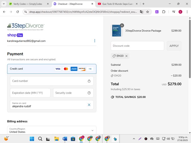 3 Step Divorce checkout page showing 3 Step Divorce discount code box | Screenshot taken by SimplyCodes community member on Jun 27, 2025
