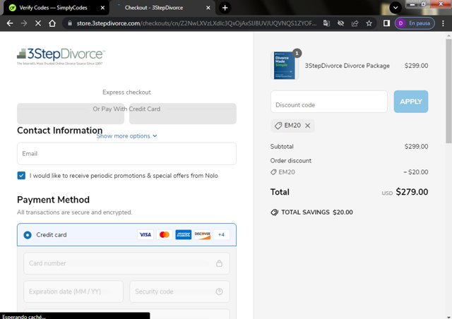 3 Step Divorce checkout page showing 3 Step Divorce discount code box | Screenshot taken by SimplyCodes community member on Apr 8, 2025