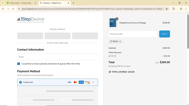 3 Step Divorce checkout page showing 3 Step Divorce discount code box | Screenshot taken by SimplyCodes community member on Jun 13, 2025