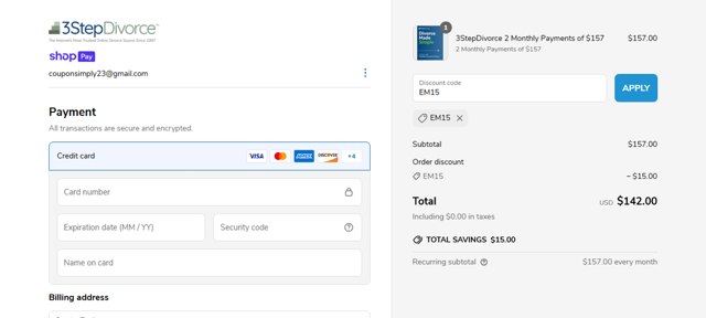 3 Step Divorce checkout page showing 3 Step Divorce discount code box | Screenshot taken by SimplyCodes community member on Jun 20, 2025