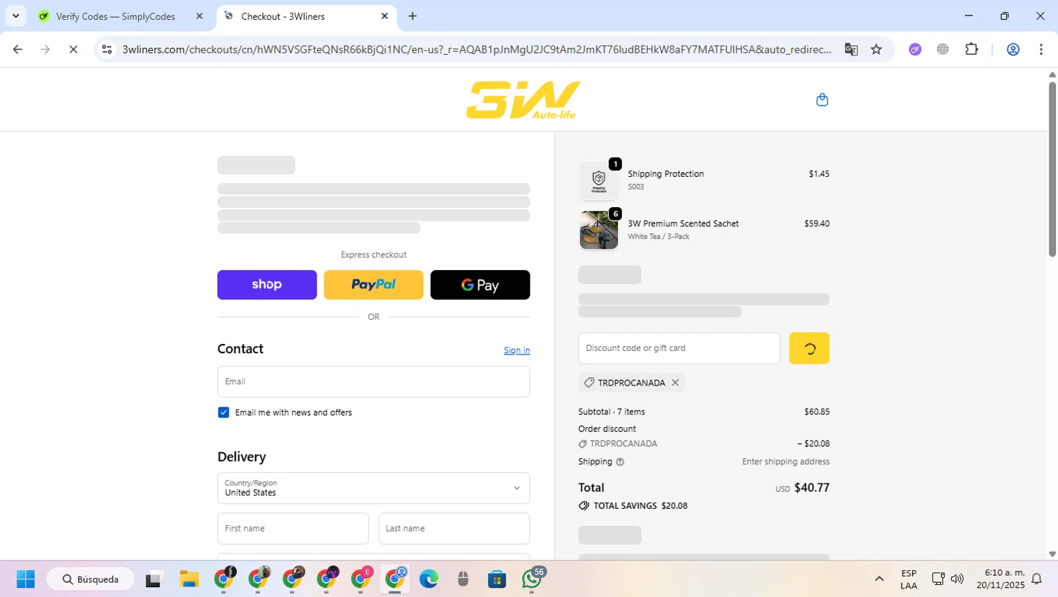 3W Auto-Life promo code screenshot showing code TRDPROCANADA applied at 3W Auto-Life checkout page. Uploaded by SimplyCodes community member greulis on Nov 20, 2025