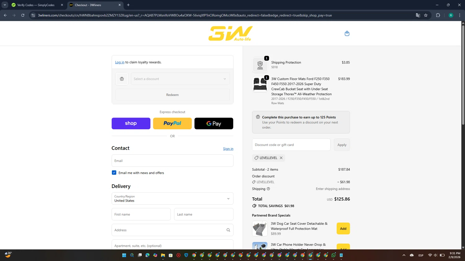 3W Auto-Life checkout page showing 3W Auto-Life promo code box | Screenshot taken by SimplyCodes community member on Feb 10, 2026