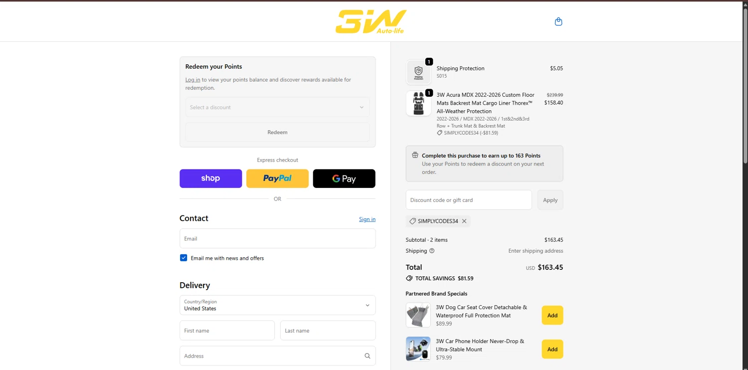 3W Auto-Life promo code screenshot showing code SIMPLYCODES34 applied at 3W Auto-Life checkout page. Uploaded by SimplyCodes community member MagnificentTitan8616 on Dec 11, 2025