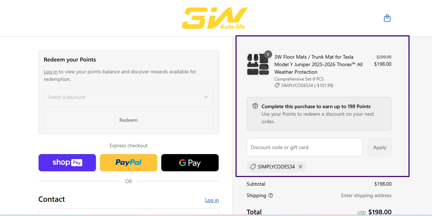 3W Auto-Life promo code screenshot showing code SIMPLYCODES34 applied at 3W Auto-Life checkout page. Uploaded by SimplyCodes community member Swiftdealz on Aug 18, 2025