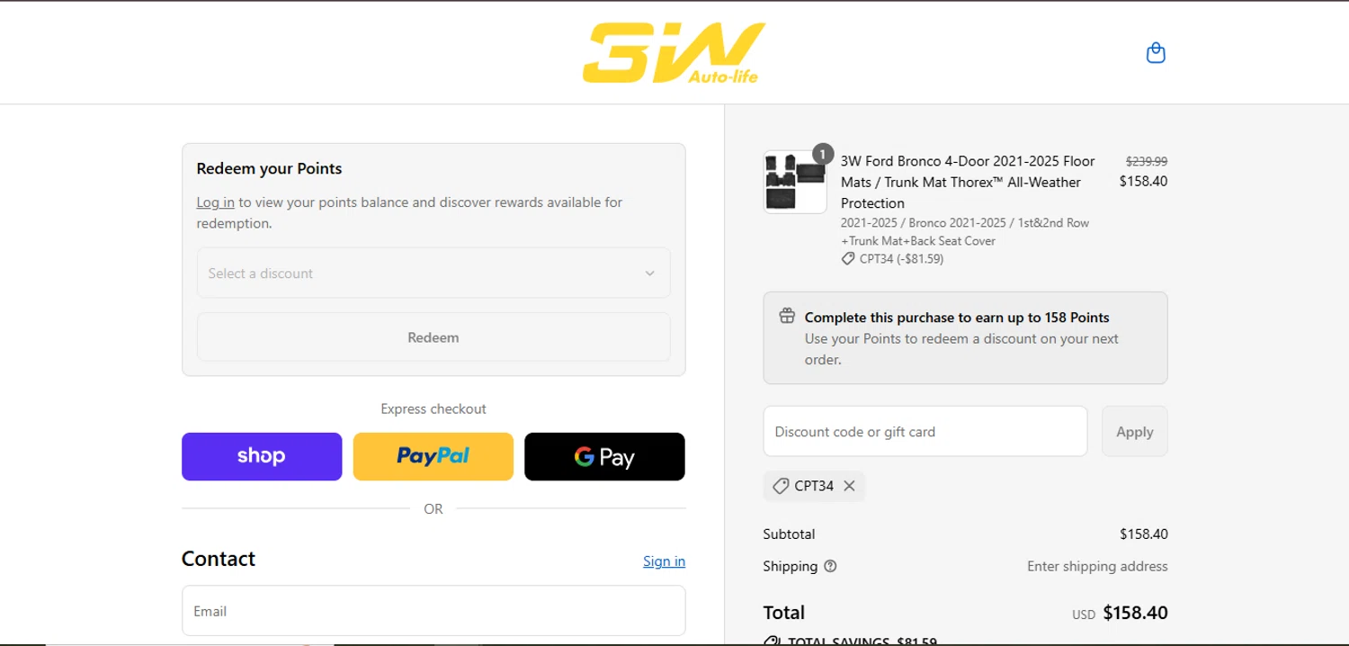3W Auto-Life promo code screenshot showing code CPT34 applied at 3W Auto-Life checkout page. Uploaded by SimplyCodes community member juanisaac on Sep 9, 2025