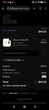 ABCWELCOME10 coupon verification screenshot
