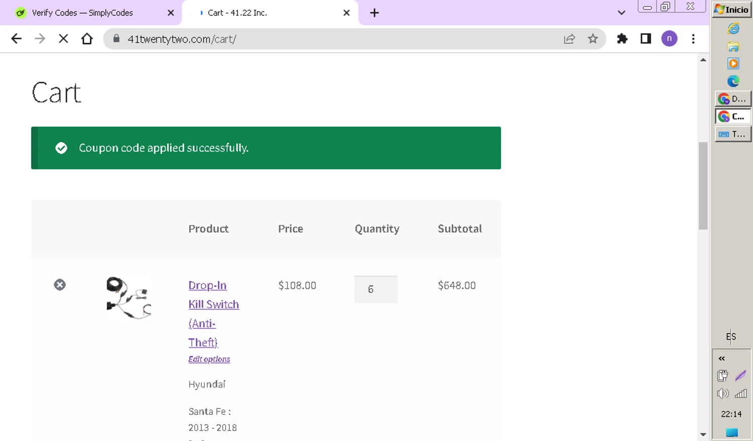 41.22 Inc. promo code screenshot showing code 10special applied at 41.22 Inc. checkout page. Uploaded by SimplyCodes community member nairelysnavarro1 on May 21, 2025