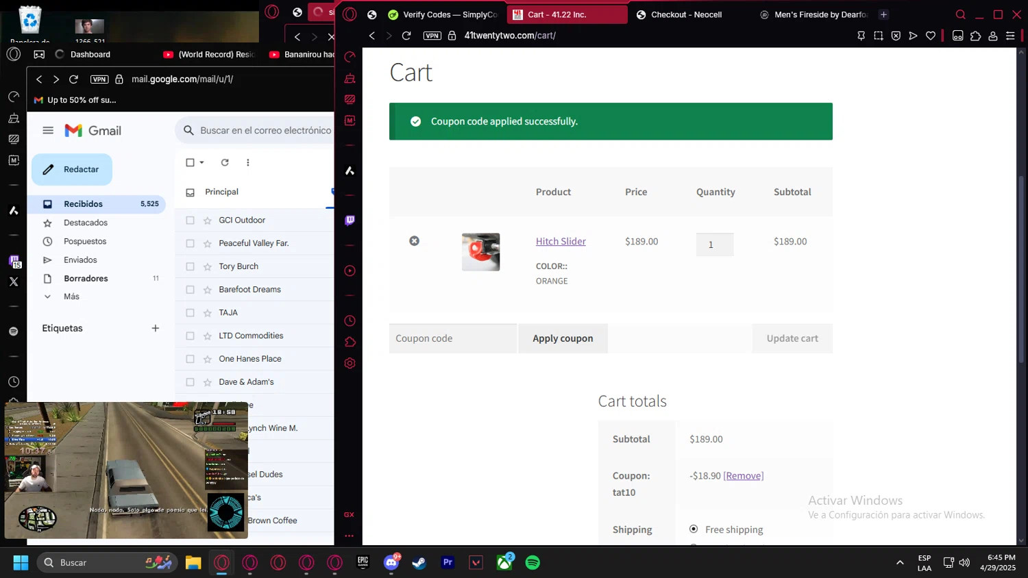 41.22 Inc. promo code screenshot showing code Tat10 applied at 41.22 Inc. checkout page. Uploaded by SimplyCodes community member Billyyou on Apr 29, 2025