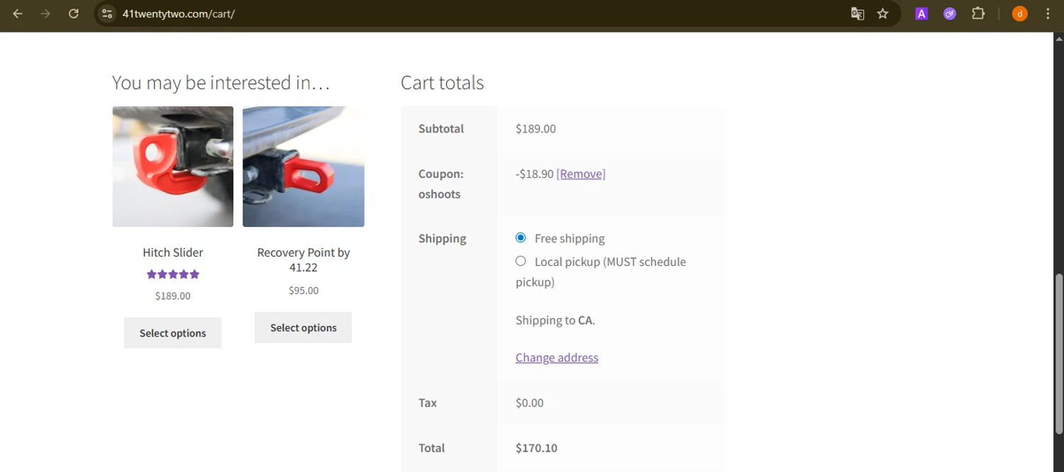 41.22 Inc. promo code screenshot showing code oshoots applied at 41.22 Inc. checkout page. Uploaded by SimplyCodes community member PennyAdmiral6960 on Aug 8, 2025