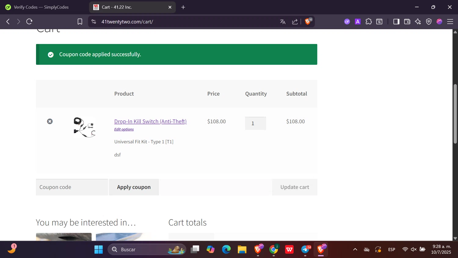 41.22 Inc. promo code screenshot showing code oshoots applied at 41.22 Inc. checkout page. Uploaded by SimplyCodes community member Toji_fushiguro on Jul 10, 2025