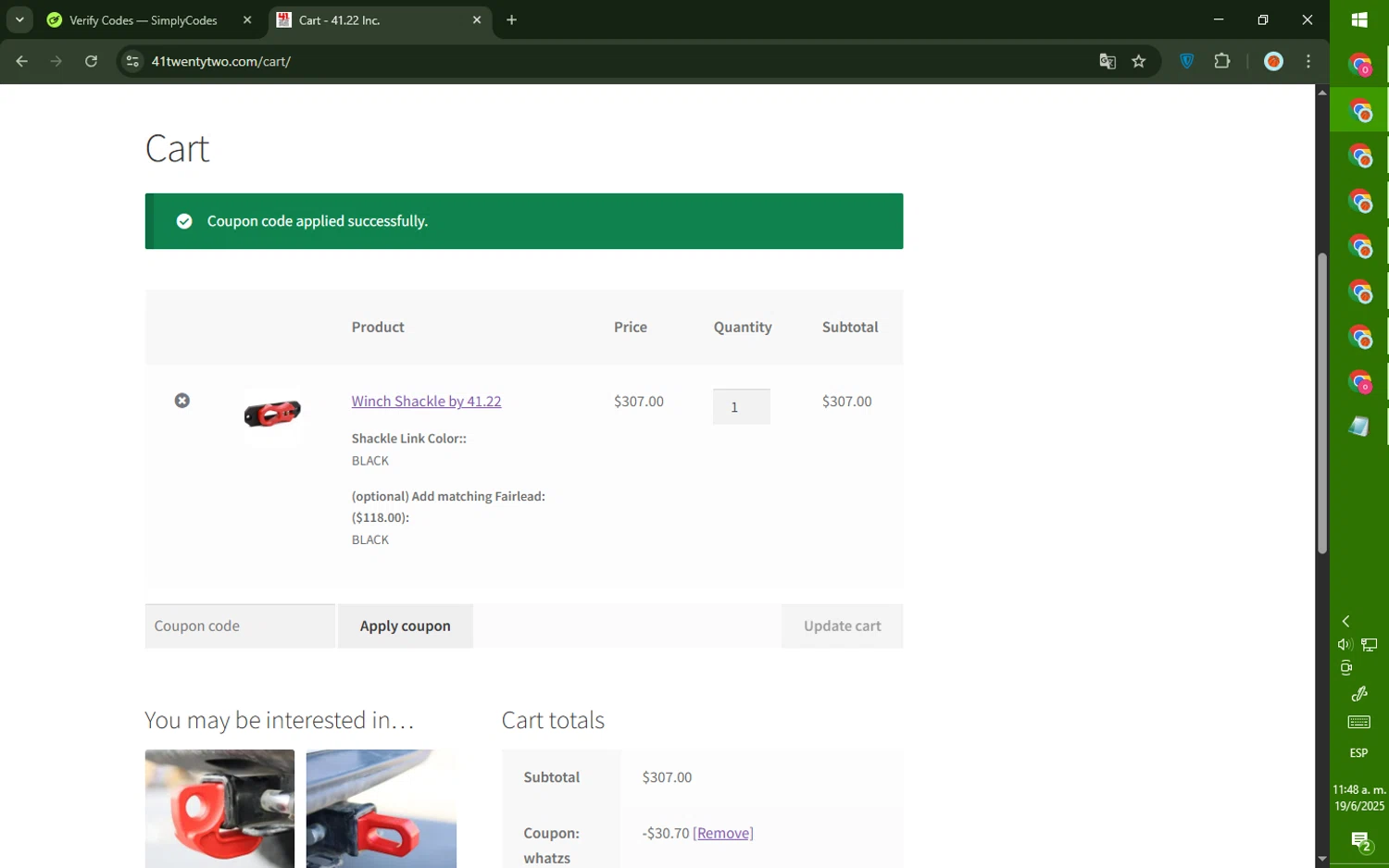 41.22 Inc. promo code screenshot showing code whatzs applied at 41.22 Inc. checkout page. Uploaded by SimplyCodes community member DealTiger9869 on Jun 19, 2025