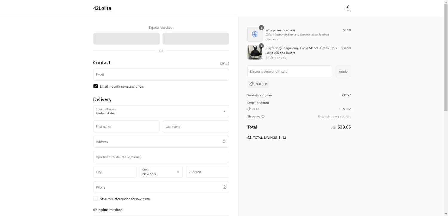 42Lolita discount code screenshot showing code OFF6 applied at 42Lolita checkout page. Uploaded by SimplyCodes community member CleverHawk1744 on Jun 14, 2025