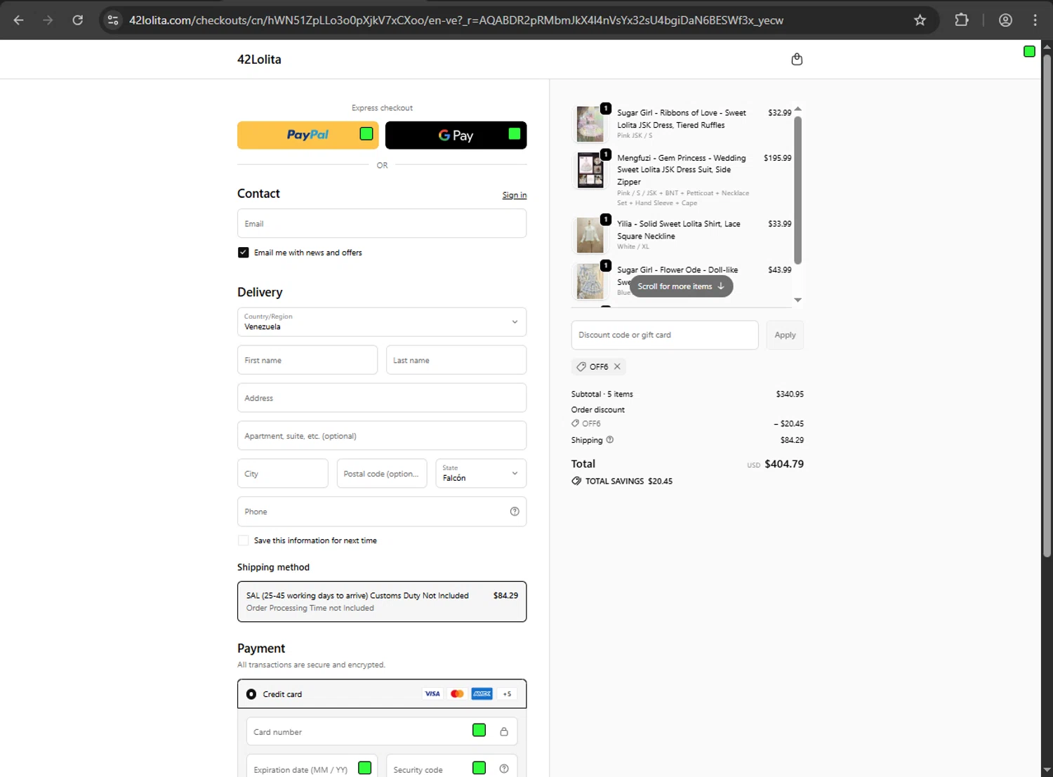 42Lolita discount code screenshot showing code OFF6 applied at 42Lolita checkout page. Uploaded by SimplyCodes community member JakePerrox on Nov 7, 2025