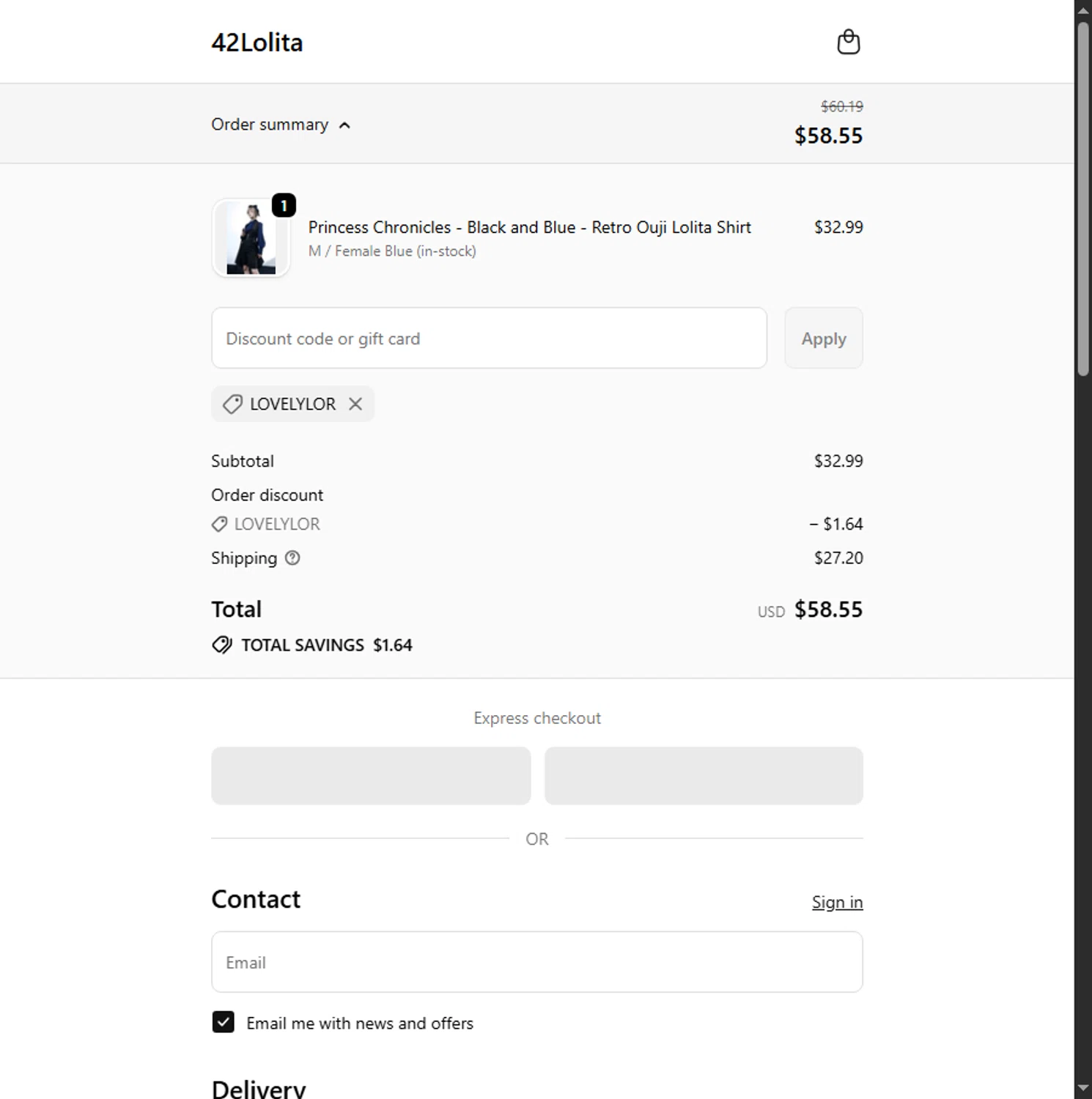 42Lolita discount code screenshot showing code LOVELYLOR applied at 42Lolita checkout page. Uploaded by SimplyCodes community member Sadalsuud on Oct 13, 2025