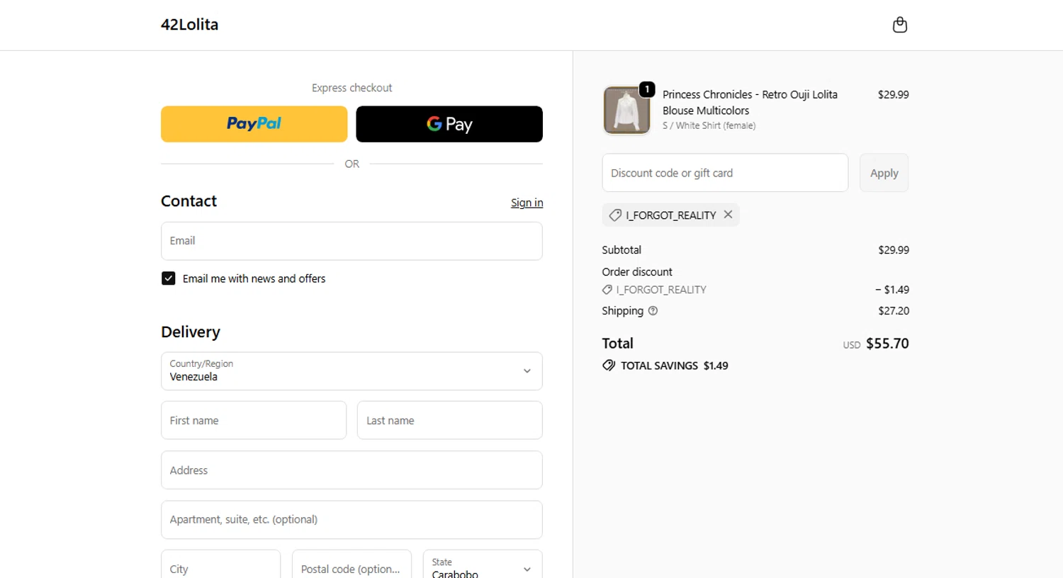 42Lolita discount code screenshot showing code I_FORGOT_REALITY applied at 42Lolita checkout page. Uploaded by SimplyCodes community member Camila on Nov 23, 2025