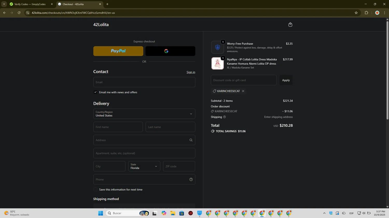 42Lolita discount code screenshot showing code KARINCHEESECAT applied at 42Lolita checkout page. Uploaded by SimplyCodes community member CashScout2884 on Oct 9, 2025