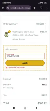 WELCOME20 coupon verification screenshot