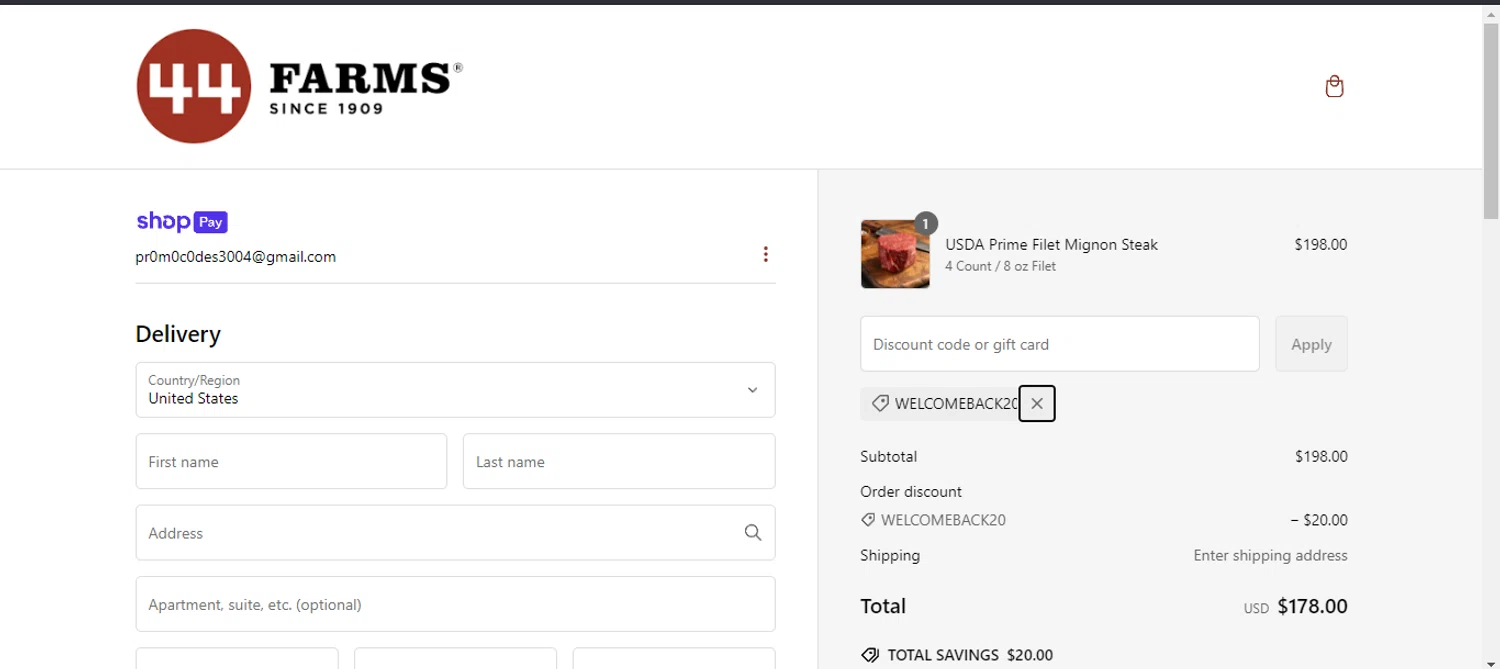 44 Steaks discount code screenshot showing code WELCOMEBACK20 applied at 44 Steaks checkout page. Uploaded by SimplyCodes community member Scrooge on Mar 2, 2025