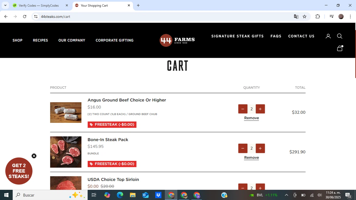44 Steaks discount code screenshot showing code FREESTEAK applied at 44 Steaks checkout page. Uploaded by SimplyCodes community member BonusEagle6359 on Jun 30, 2025
