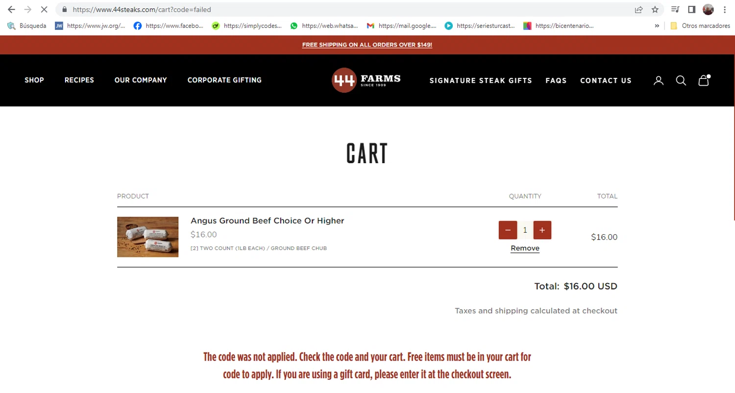 44 Steaks discount code screenshot showing code FREESTEAK applied at 44 Steaks checkout page. Uploaded by SimplyCodes community member MarinaDelgado on Jun 30, 2025