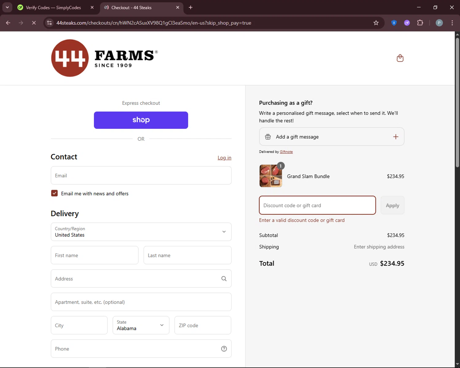 44 Steaks discount code screenshot showing code Quarterbeef applied at 44 Steaks checkout page. Uploaded by SimplyCodes community member DiscountEagle6247 on Sep 5, 2025