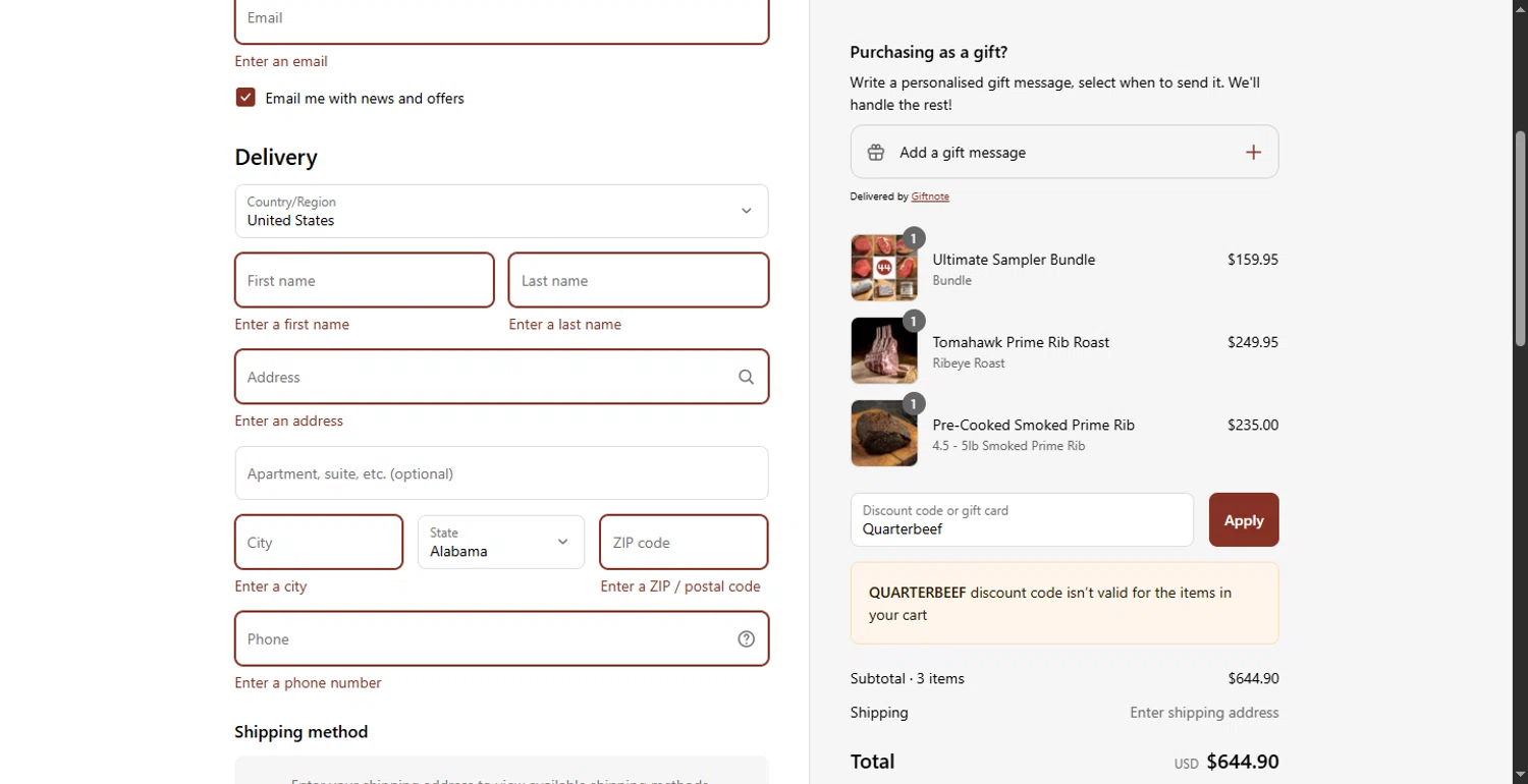 44 Steaks discount code screenshot showing code Quarterbeef applied at 44 Steaks checkout page. Uploaded by SimplyCodes community member PennyOwl696 on Aug 26, 2025