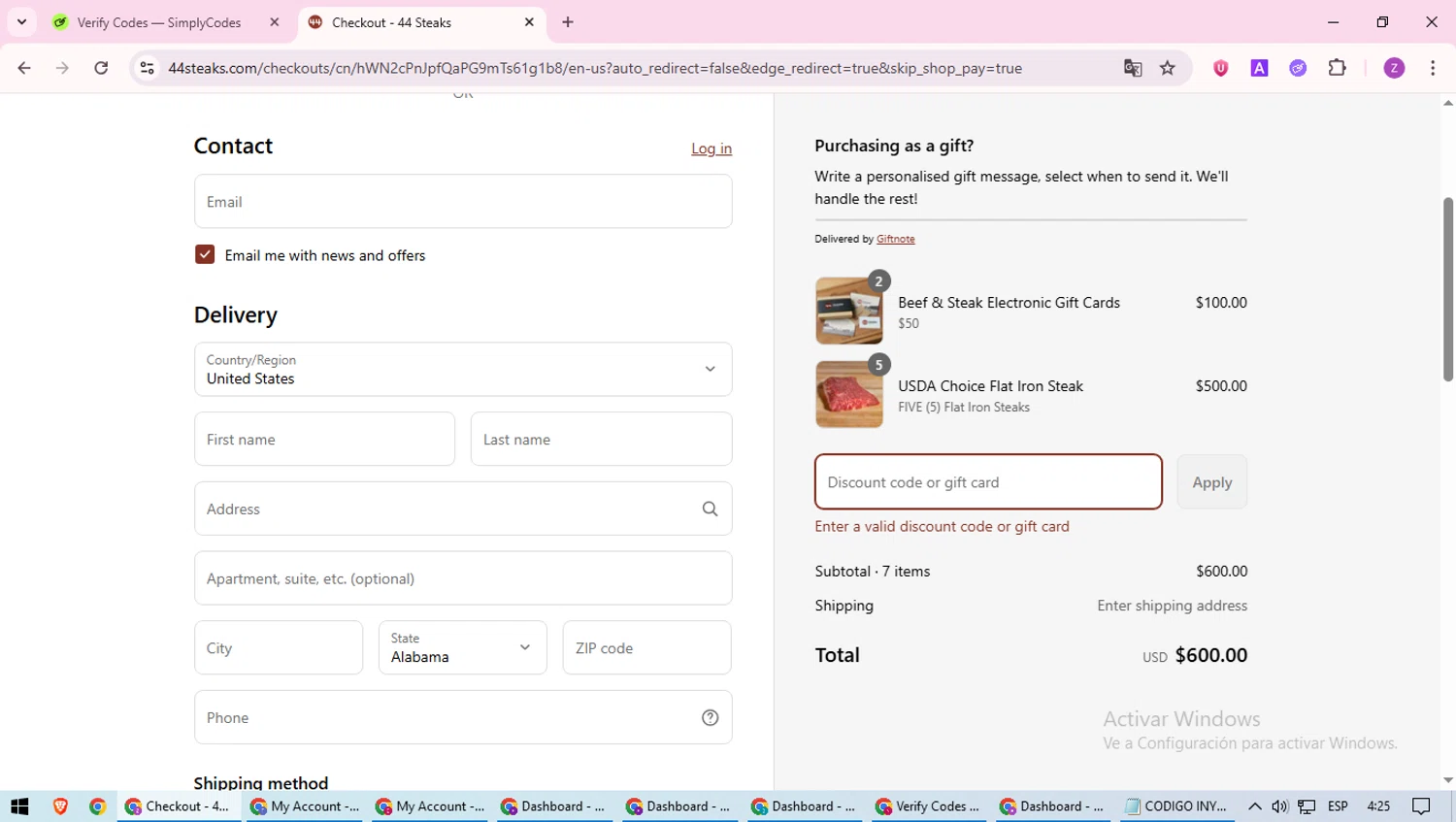 44 Steaks discount code screenshot showing code Quarterbeef applied at 44 Steaks checkout page. Uploaded by SimplyCodes community member ValiantFinder3275 on Sep 5, 2025