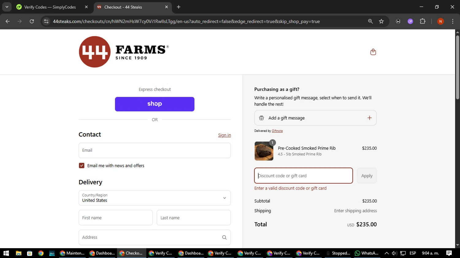 44 Steaks discount code screenshot showing code Tailgate applied at 44 Steaks checkout page. Uploaded by SimplyCodes community member MagnificentScout194 on Sep 9, 2025