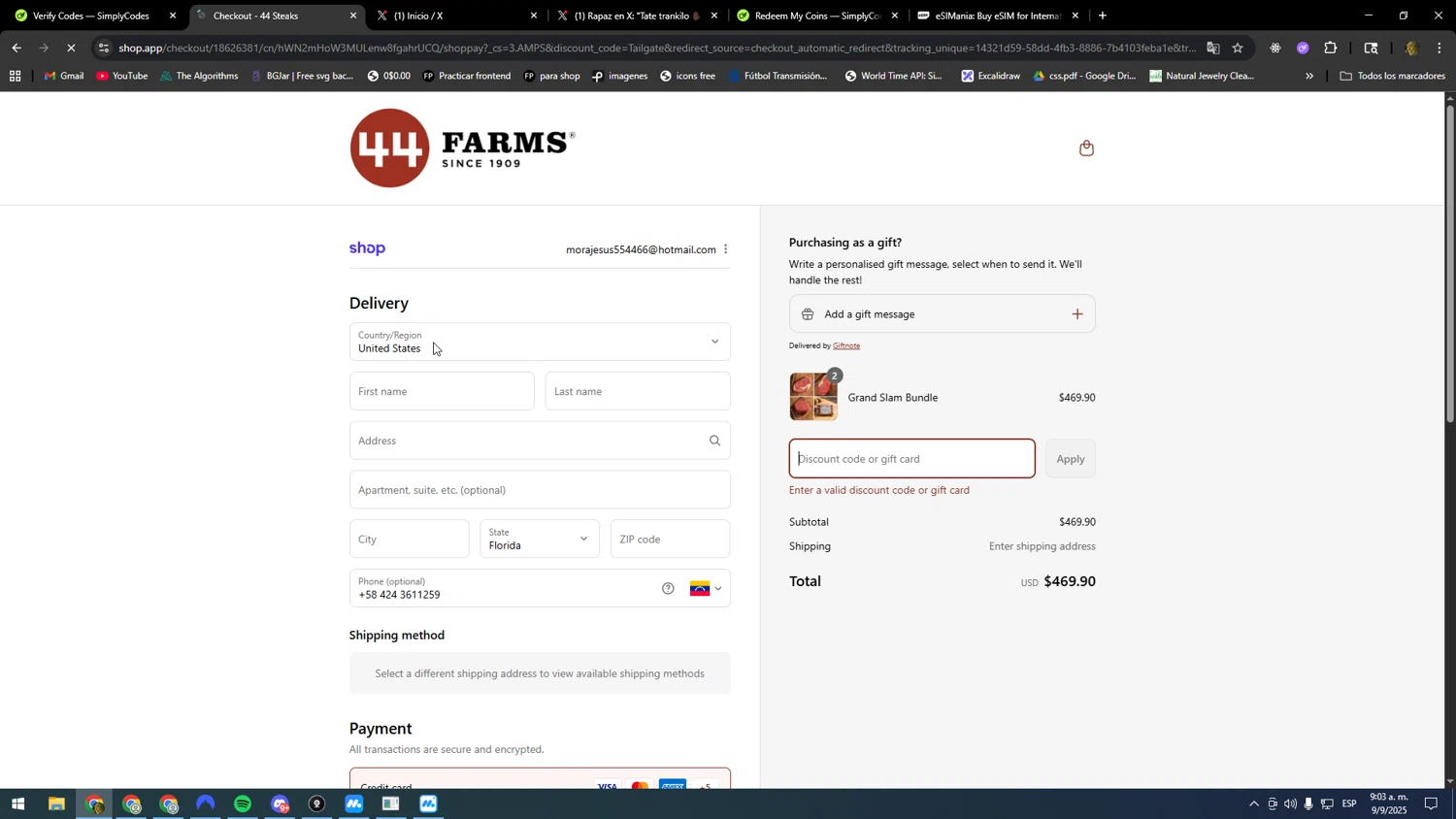 44 Steaks discount code screenshot showing code Tailgate applied at 44 Steaks checkout page. Uploaded by SimplyCodes community member kakakakakka on Sep 9, 2025