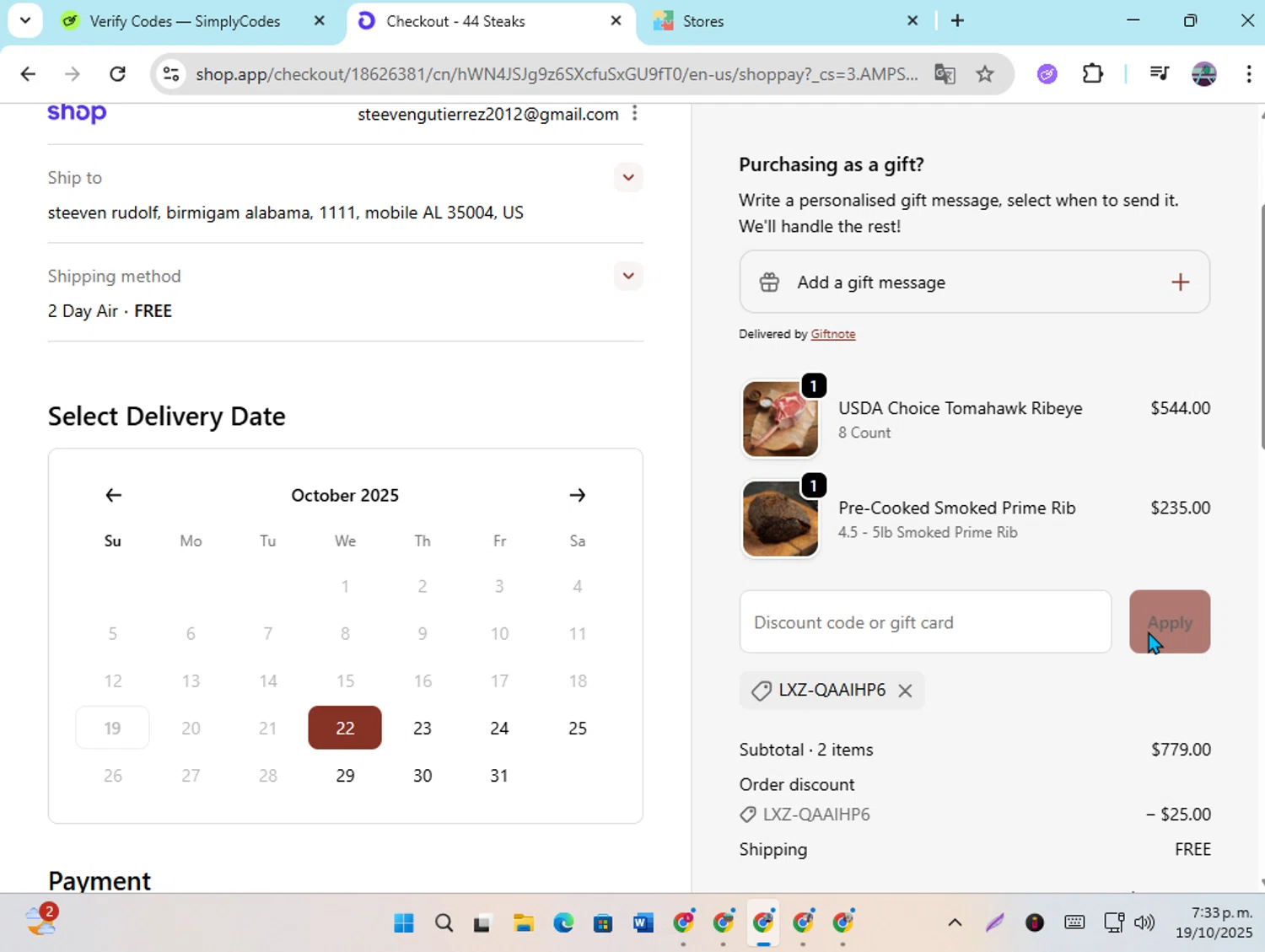 44 Steaks discount code screenshot showing code LXZ-QAAIHP6 applied at 44 Steaks checkout page. Uploaded by SimplyCodes community member DiscountGenius6081 on Oct 19, 2025
