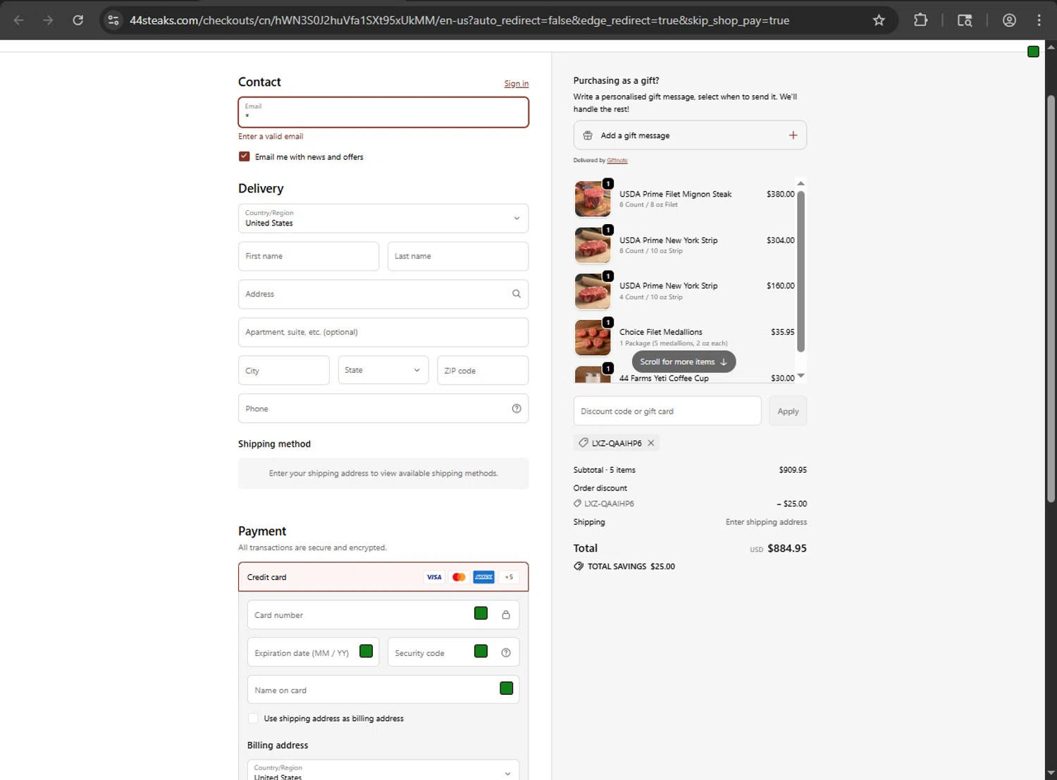 44 Steaks discount code screenshot showing code LXZ-QAAIHP6 applied at 44 Steaks checkout page. Uploaded by SimplyCodes community member JakePerrox on Sep 27, 2025