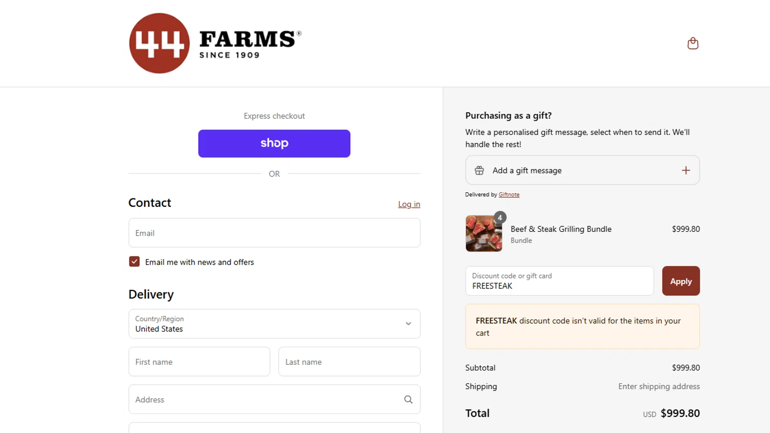 44 Steaks discount code screenshot showing code FREESTEAK applied at 44 Steaks checkout page. Uploaded by SimplyCodes community member ashe1986 on Sep 2, 2025