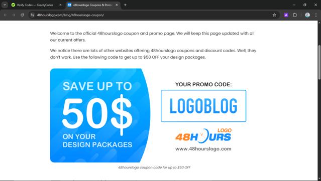 48 Hours Logo checkout page showing 48 Hours Logo promo code box | Screenshot taken by SimplyCodes community member on Jul 15, 2025