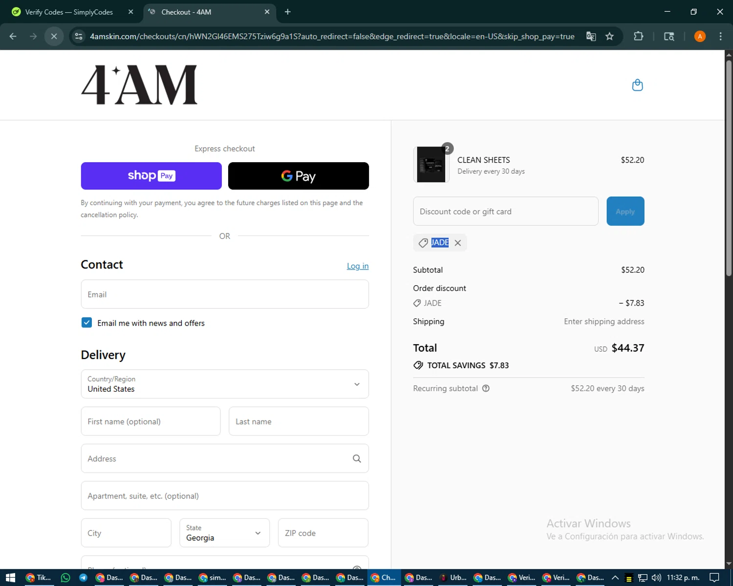 4AM promo code screenshot showing code Jade applied at 4AM checkout page. Uploaded by SimplyCodes community member MoneyPhoenix4664 on Aug 27, 2025