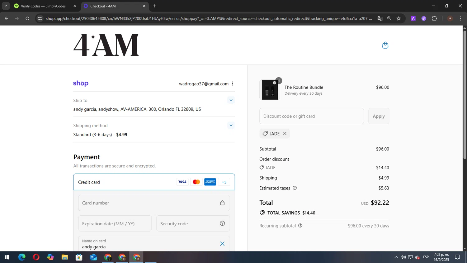 4AM promo code screenshot showing code Jade applied at 4AM checkout page. Uploaded by SimplyCodes community member elbicho22 on Sep 16, 2025