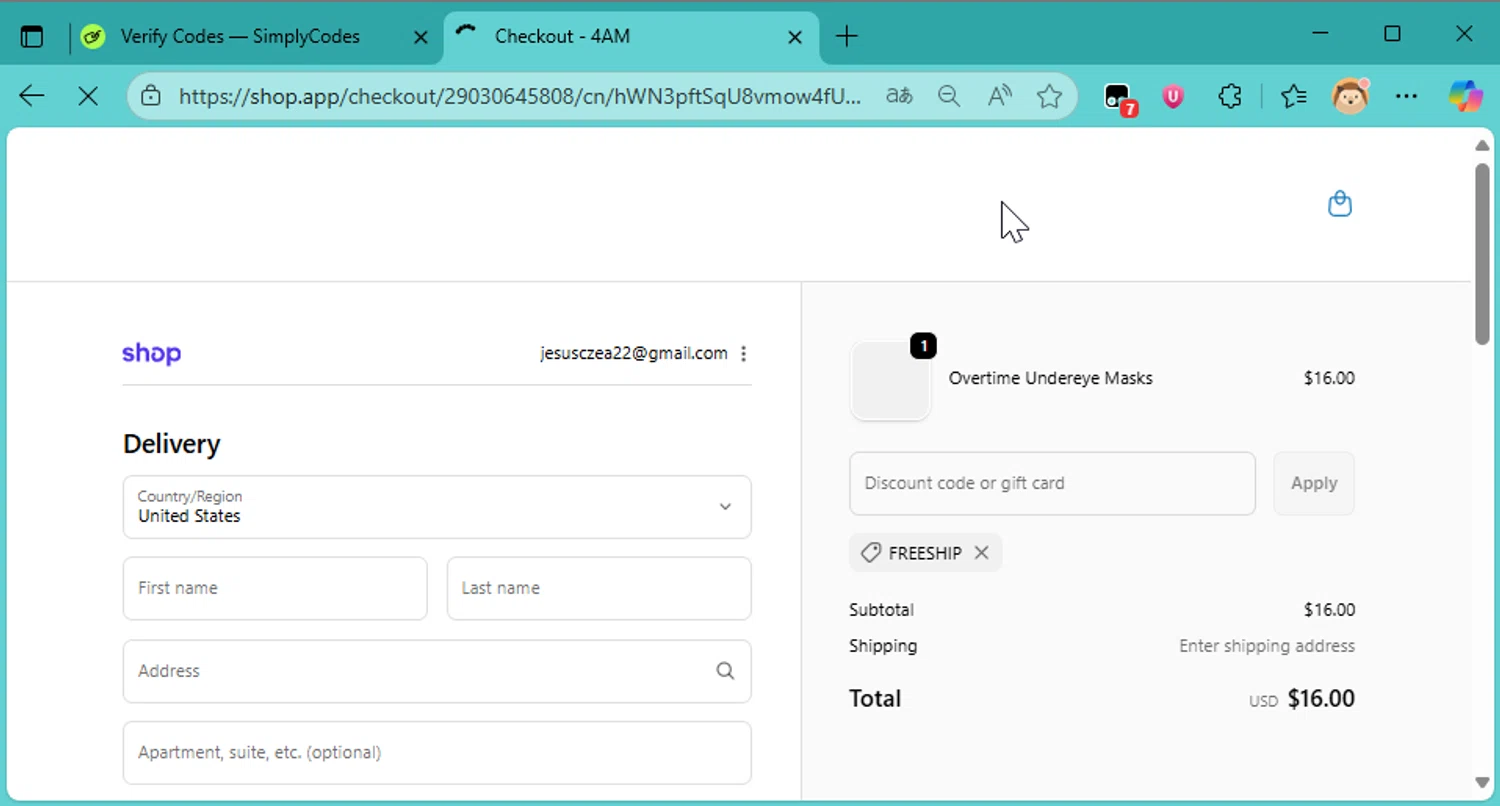 4AM promo code screenshot showing code freeship applied at 4AM checkout page. Uploaded by SimplyCodes community member DonutPunks on Oct 7, 2025