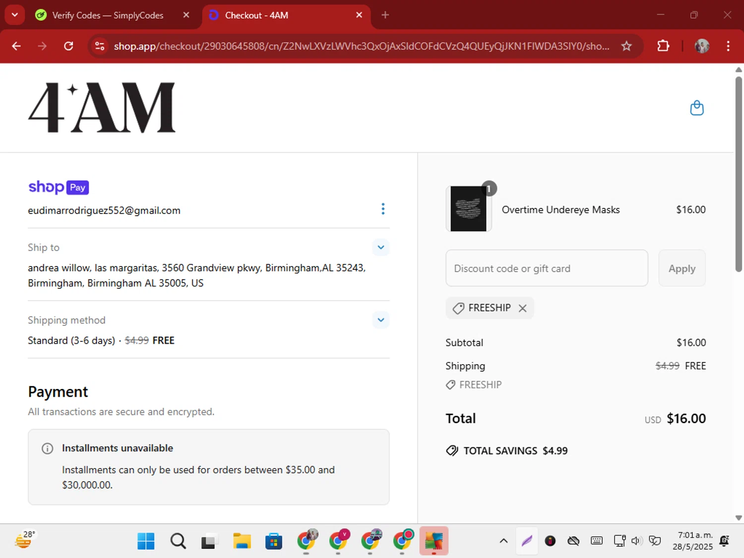 4AM promo code screenshot showing code freeship applied at 4AM checkout page. Uploaded by SimplyCodes community member ShrewdSeeker5445 on May 28, 2025