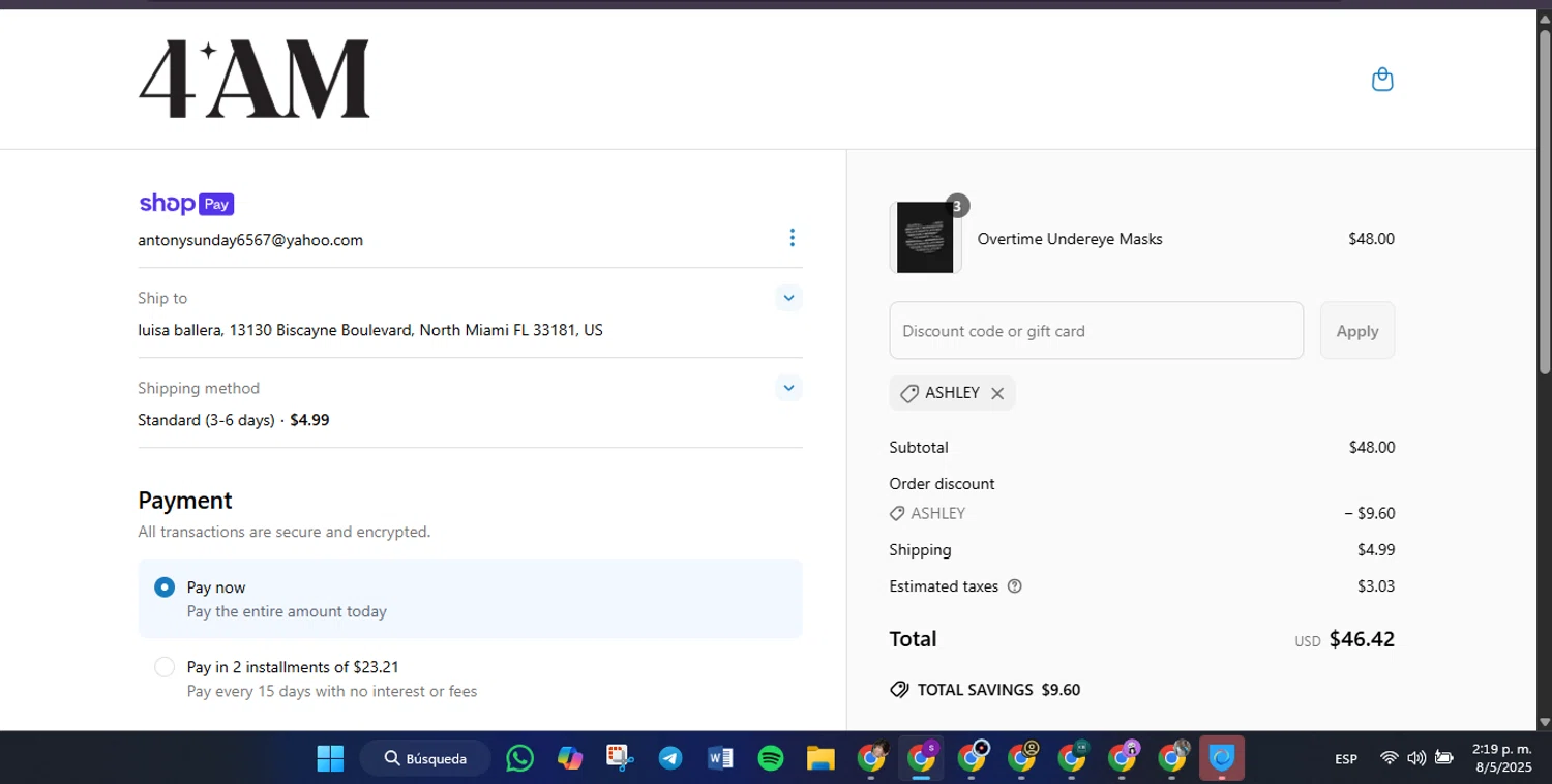 4AM promo code screenshot showing code ashley applied at 4AM checkout page. Uploaded by SimplyCodes community member Lamadama on May 8, 2025