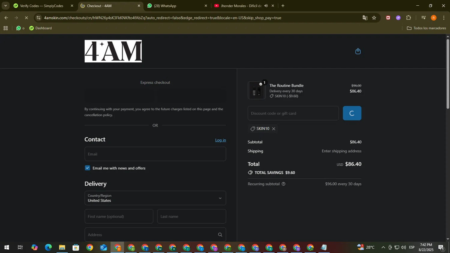 4AM promo code screenshot showing code SKIN10 applied at 4AM checkout page. Uploaded by SimplyCodes community member PromoTitan1625 on Aug 22, 2025