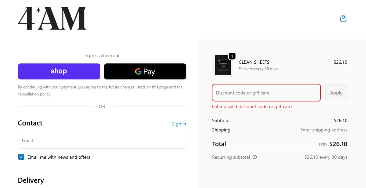4AM promo code screenshot showing code BFCM applied at 4AM checkout page. Uploaded by SimplyCodes community member Sweety2020 on Dec 5, 2025